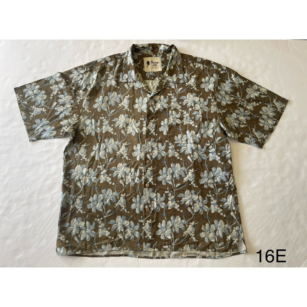 Vintage Silk Circa 1969 Button-Down Mens Brown Blue Hawaiian Shirt XXL 100% Silk